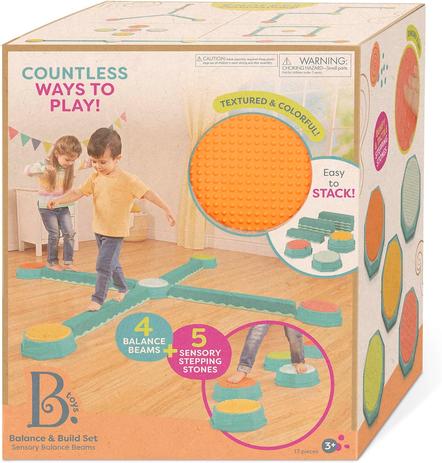 B. toys – Balance Beam for Kids – Interlocking Balancing Beams – 5 Sensory Pads & 8 Beams – Active Play for Toddlers, Kids – 3+ Years– Balance & Build Set
