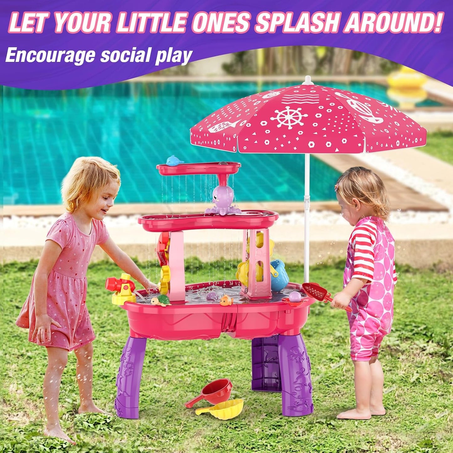 Water Table for Toddlers 3-5, 3-Tier Kids Splash Sand Table Water Toys with Umbrella, Rain Showers Splash Pond for Outdoor Beach Backyard Summer, Activity Sensory Playset for Boys Girls, Blue